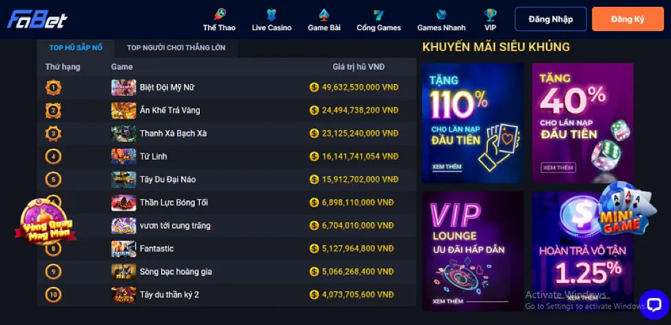 Khuyến mãi đặc biệt theo từng sảnh game m98 app